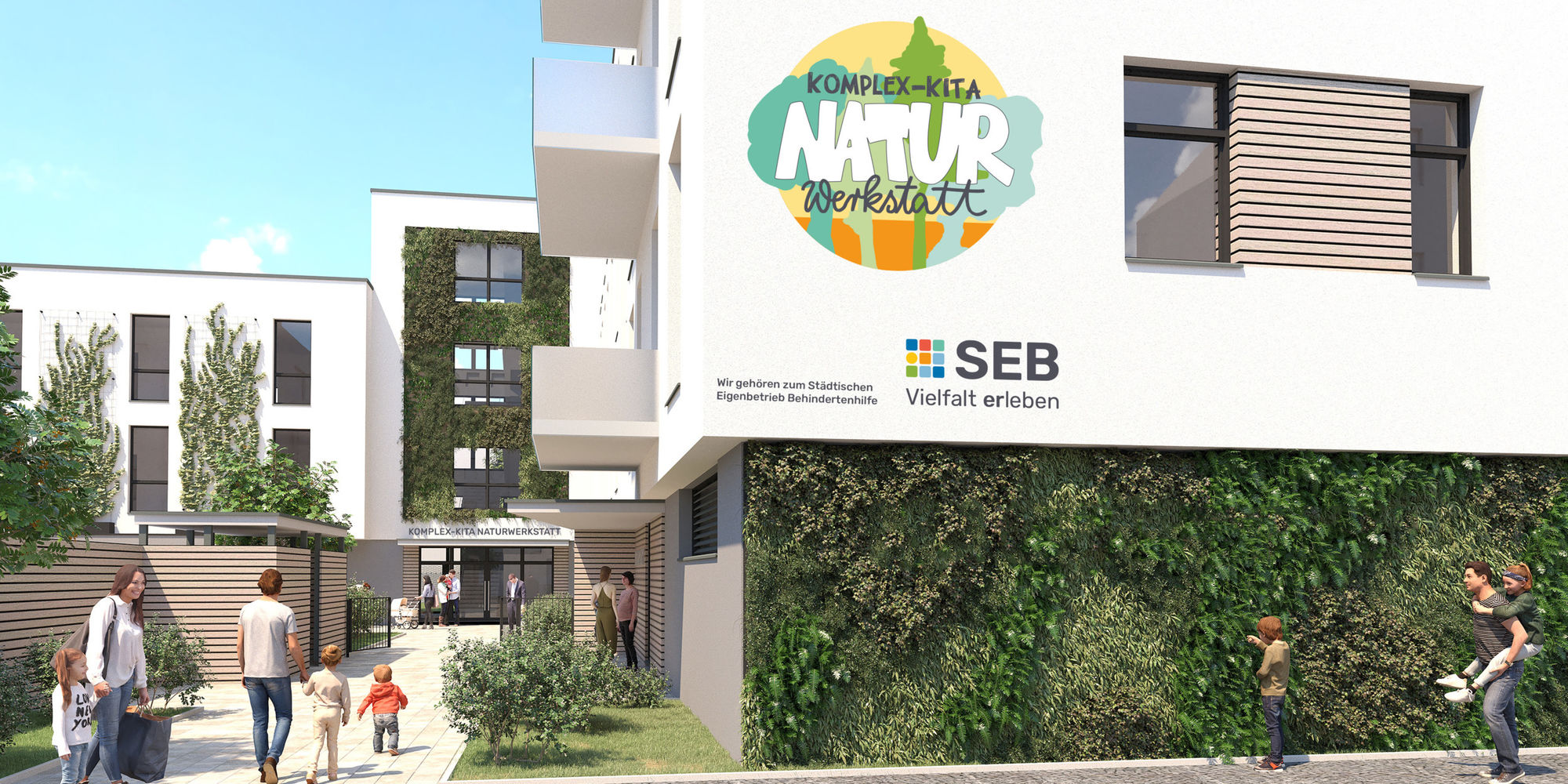 Eine Visualisierung des weißen Kita-Gebäudes mit grünen Pflanzen an der Fassade und Menschen davor.